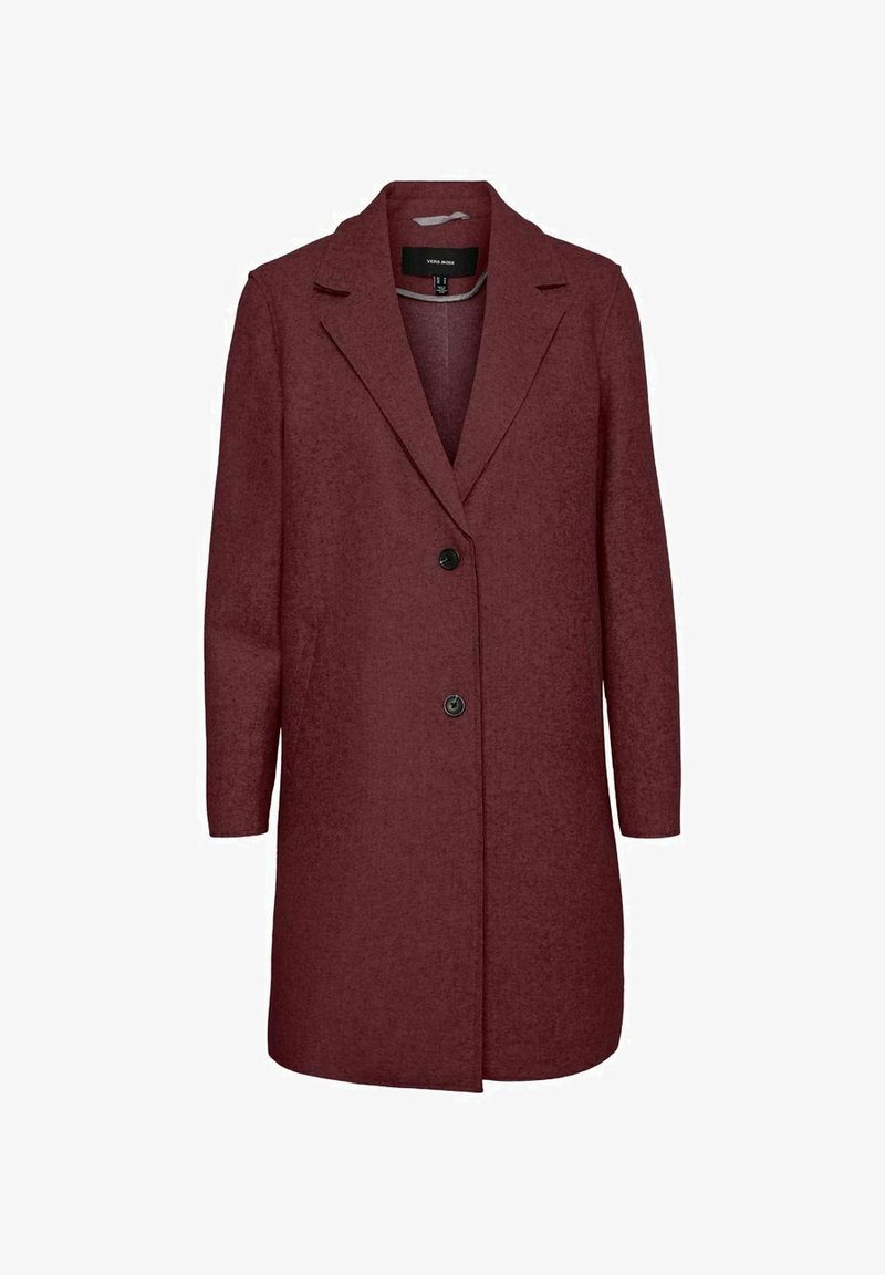 Manteau long bordeaux en tissu texturé, doté d'un col cranté, de deux boutons sur le devant et de manches longues.