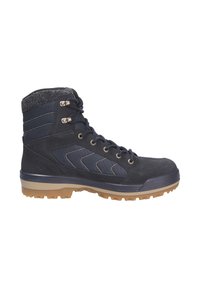 Wandelboot met een donkerblauwe bovenkant van suede en stof, rubberen zool met profiel en een grijze fleece kraag. Zilveren gaatjes voor de veters.