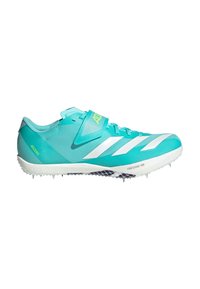 Scarpe da corsa azzurro chiaro con accenti bianchi, dotate di una tomaia sintetica, cinturino regolabile e piastra per chiodi per una migliore aderenza sulle superfici.