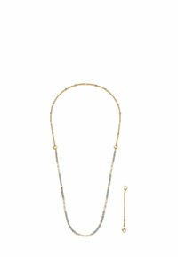 Collana tono oro con piccole perle in grigio, bianco e accenti dorati. Presenta una chiusura sicura e una catena di estensione regolabile per la lunghezza.