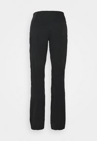 Mustat urheiluhousut, joissa on korkea vyötärönauha, valmistettu sileästä kankaasta, kapealla leikkauksella, joustavilla lahkeensuilla ja sivutaskuilla.