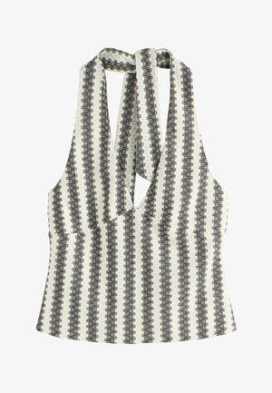 Tielko bez rukávov s čiernymi, bielymi a béžovými vertikálnymi pruhmi inšpirovanými kmeňovými motívmi a hlbokým výstrihom do V.