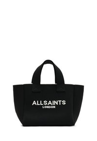 Borsa tote nera realizzata in tessuto testurizzato con due manici corti. Presenta la scritta bianca "ALLSAINTS" e "LONDRA" stampata sul davanti.