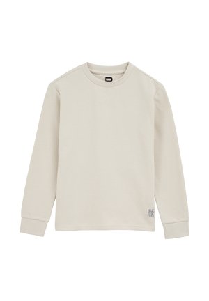Beige geribbelde sweatshirt met lange mouwen, ronde hals en een klein logolabel op de linkeronderkant. Zachte textuur en een relaxed fit.