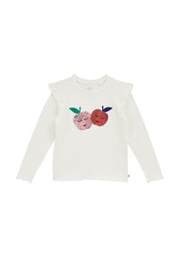 Witte blouse met lange mouwen en ruches op de schoudernaden, versierd met paillettenappels in rood en roze, met groene en blauwe bladeren.