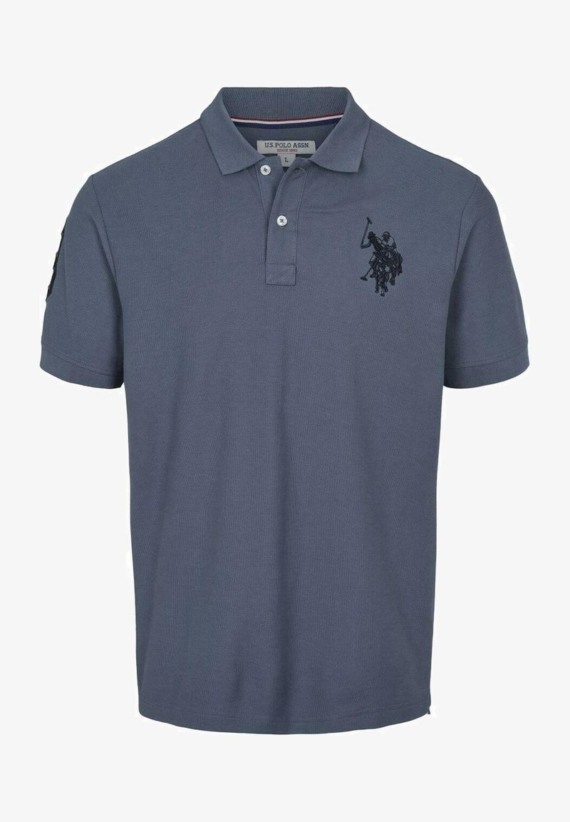 Polo bleu marine en coton texturé, doté d'une patte de boutonnage à deux boutons, d'un logo brodé sur la poitrine et de manches courtes.