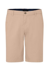 Beige Shorts aus weichem Stoff, mit einem Reißverschluss und Knopfverschluss vorne, seitlichen Taschen und einer schlichten, glatten Textur.