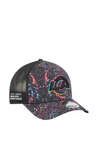 Black cap featuring a multicolor splatter pattern, curved visor, and an embroidered LA logo with a mesh back and a cancer awareness tag.