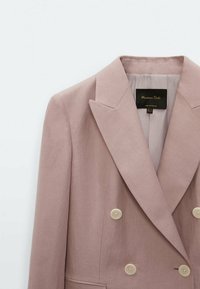 Roze linnen dubbelgestikte blazer met notch-revers, vijf knopen en minimalistische ontwerpelementen. Gladde textuur met een subtiele glans.