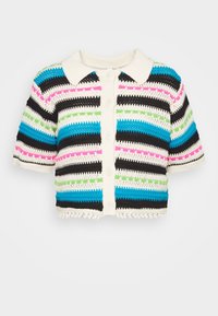 Häkad kort cardigan med krage, knäppning med knappar och flerfärgade ränder i blått, svart, rosa och grönt.