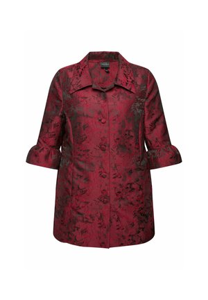 Rote Jacke mit Blumenmuster, Kragen, Dreiviertelärmeln und Knopfschlüssen, aus einem glänzenden, strukturierten Stoff.