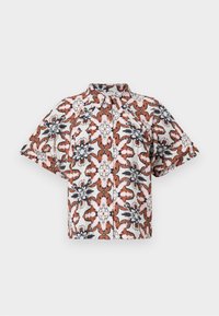 Short-sleeve, button-up shirt in white with a floral pattern in rust, navy, and pink hues. Features a mandarin collar and relaxed fit.