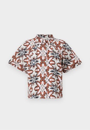 Camicia a maniche corte, con bottoni, di colore bianco con un motivo floreale in tonalità ruggine, blu navy e rosa. Presenta un colletto alla coreana e un taglio comodo.