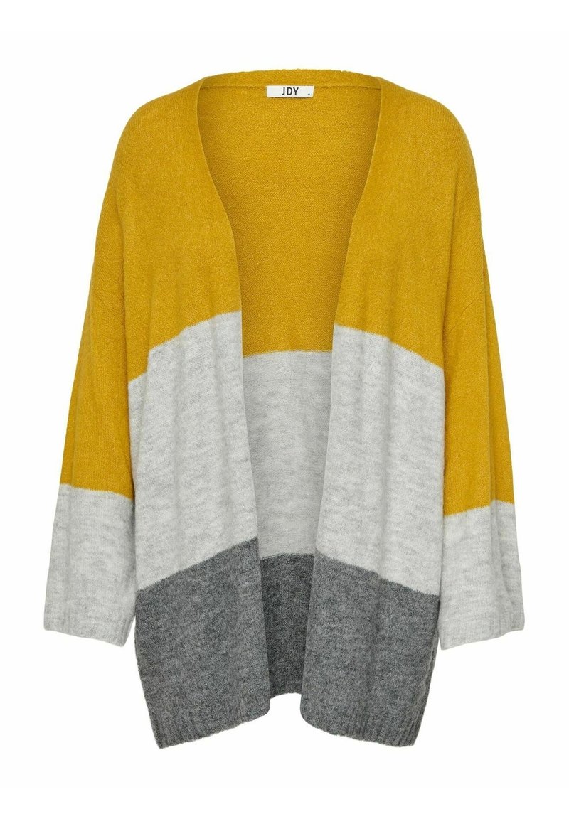Cardigan lavorato a maglia con scollo a V, apertura frontale e maniche oversize. Blocchi di colore in giallo senape, grigio chiaro e grigio scuro. Texture morbida.