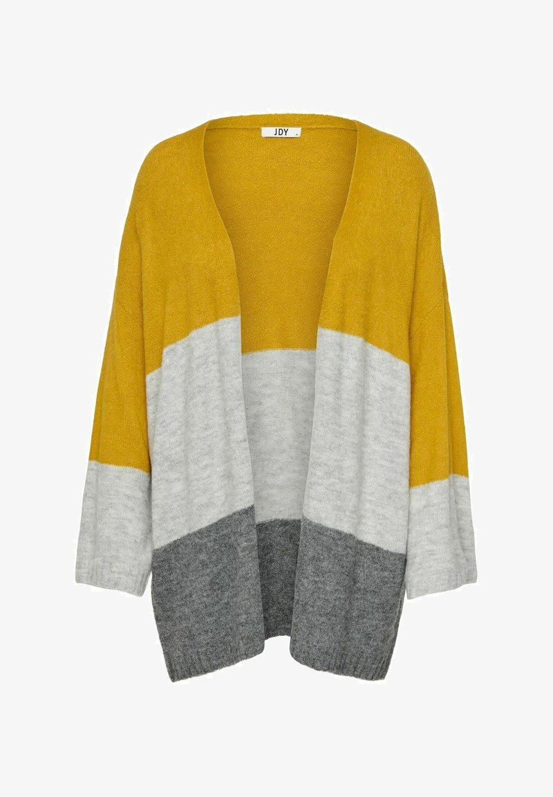 Knit cardigan featuring a V-neck, open front, and oversized sleeves. Color blocks of mustard yellow, light grey, and dark grey. Soft texture.