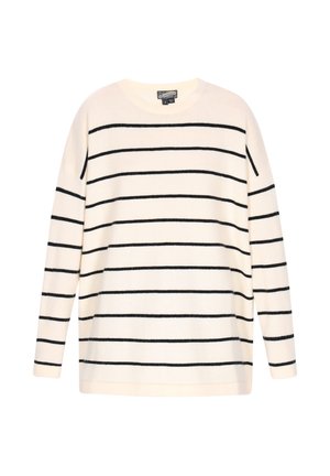 Kremasti dugi pulover s horizontalnim crnim prugama. Mekana tekstura, okrugli izrez i opušteni kroj.