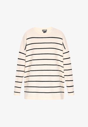 Kremasti dugi pulover s horizontalnim crnim prugama. Mekana tekstura, okrugli izrez i opušteni kroj.