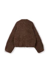 Brauner, flauschiger Pullover mit langen Ärmeln, lockerer Passform und geripptem Saum. Weiche Textur und minimale Details auf der Rückseite.