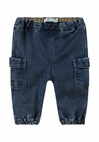 Denim jogger hlače temno modre barve z elastičnim pasom, zgrabljenimi gležnji in dvema stranskima žepoma s šivanjem.