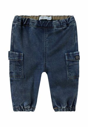 Pantalons de jogging en denim bleu foncé avec une taille élastique, des chevilles resserrées et deux poches latérales avec des détails brodés.