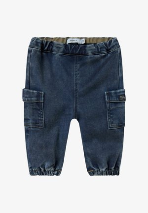 Pantalons de jogging en denim bleu foncé avec une taille élastique, des chevilles resserrées et deux poches latérales avec des détails brodés.