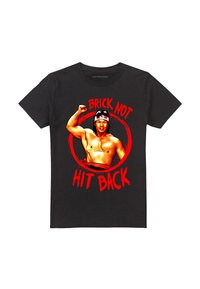 Black cotton t-shirt featuring a graphic of a muscular figure with a raised fist, surrounded by red circular text: "BRICK NOT HIT BACK."