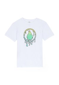 Vit bomull t-shirt med en färgglad grafisk design av en grön diamant som droppar vätska och omges av en gul ring.
