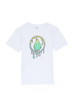 Weißes Baumwoll-T-Shirt mit einem bunten Grafikdesign, das einen grünen Diamanten zeigt, der mit Flüssigkeit tropft und von einem gelben Ring umgeben ist.