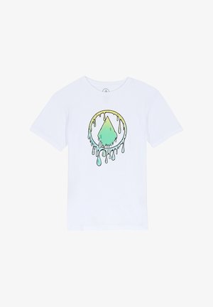 Weißes Baumwoll-T-Shirt mit einem bunten Grafikdesign, das einen grünen Diamanten zeigt, der mit Flüssigkeit tropft und von einem gelben Ring umgeben ist.