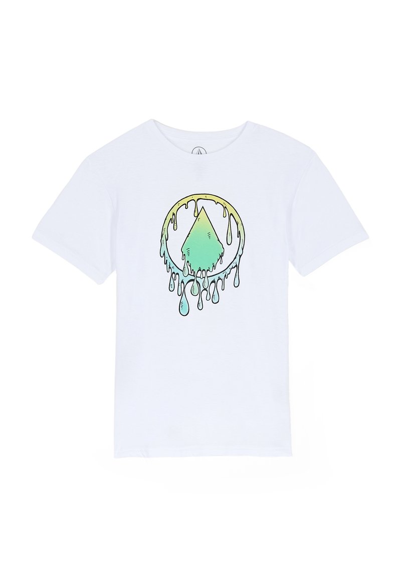 Vit bomull t-shirt med en färgglad grafisk design av en grön diamant som droppar vätska och omges av en gul ring.
