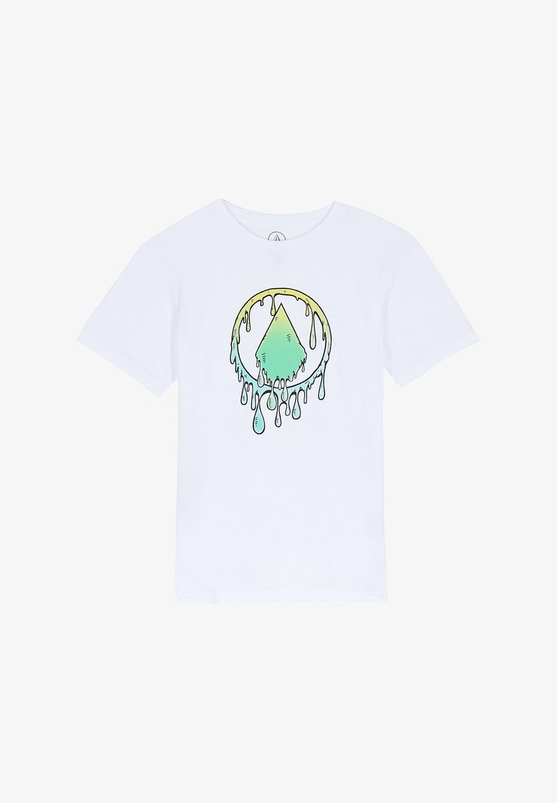 Witte katoenen t-shirt met een kleurrafisch van een groene diamant die druppelt met vloeistof en omringd is door een gele ring.