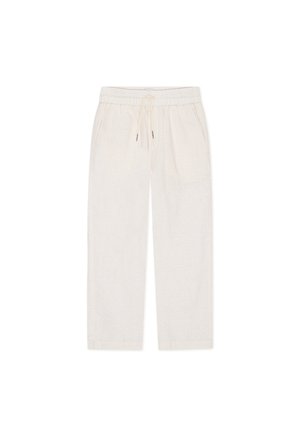 Linnedbukser i en lys beige farve med elastisk talje og snøre, sidelommer og et lige ben-design.