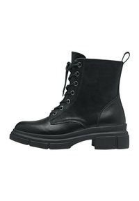Bottines en cuir noir avec bout arrondi, semelle épaisse et fermeture à lacets. Comprend une languette de tirage à l'arrière et des œillets en métal. Texture lisse.