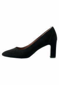 Zapato de tacón alto de ante negro con punta afilada y tacón grueso. Textura suave y diseño sencillo sin adornos.