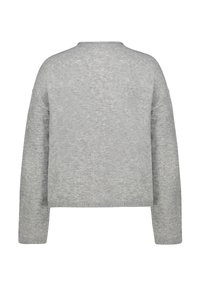 Grey knitted sweater with a cropped design, long sleeves, and a simple round neckline. Soft texture with a subtle heathered pattern.