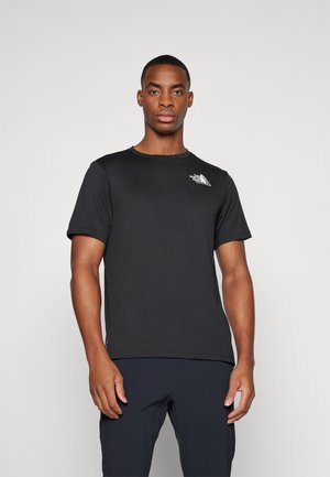 Black short-sleeve t-shirt with a crew neck, made of smooth fabric featuring a small white logo on the left chest area.