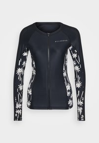 Langermet marineblå rashguard med hvitt palmebladmønster på ermene. Har glidelås foran og teksturert stoff for komfort og holdbarhet.