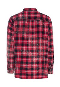 Rood en zwart geruite flanellen shirt, lange mouwen, button-down kraag, met een licht vervaagd patroon en een afgeronde zoom.