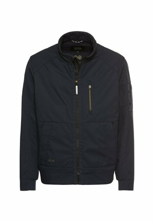 Mannencasual navyblauwe lichte jas met ritsi, borst- en zijzakken en een staande kraag.