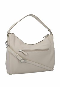 Beige leren handtas met een gestructureerde afwerking, voorzien van een enkele schouderband, een verstelbare crossoverriem en een voorvak met rits.