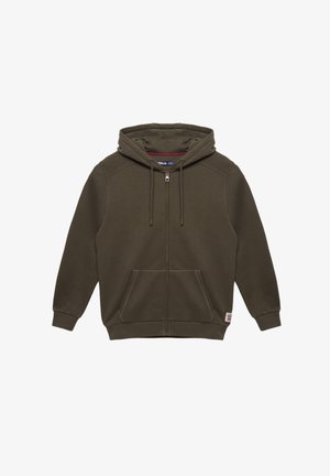 Sudadera con cremallera de color verde oliva, hecha de tela texturizada, que cuenta con una capucha, bolsillos frontales, cordones beige y puños y dobladillo de canalé.