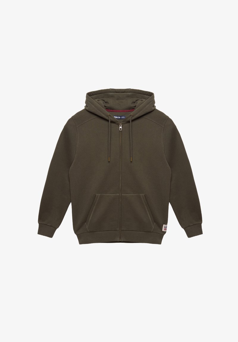 Olive zelen zip-up kapuca iz teksturiranega blaga, z kapuco, sprednjimi žepi, bež vrvico in rebrastimi manšetami in robom.