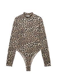 Body in stampa leopardo con maniche lunghe, colletto alto e fondo tipo perizoma. Realizzato in morbido tessuto con tonalità beige, nera e marrone.