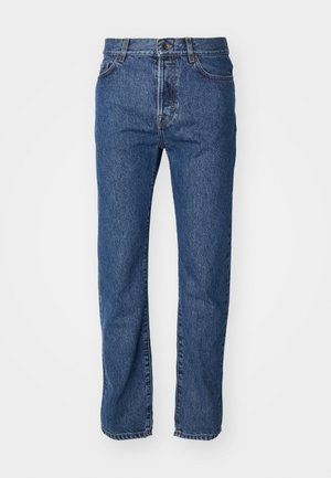 Jasnoniebieskie dżinsy o prostym kroju, pięć kieszeni, widoczne szwy oraz zapięcie na guzik w talii.