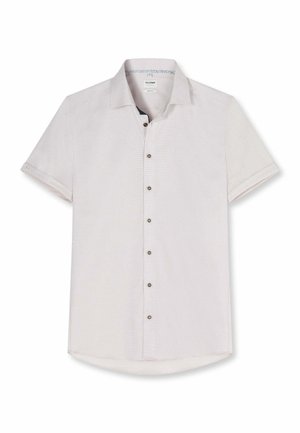 Chemise homme beige clair à manches courtes avec col et poignets retroussés, présentée à plat sur fond blanc.