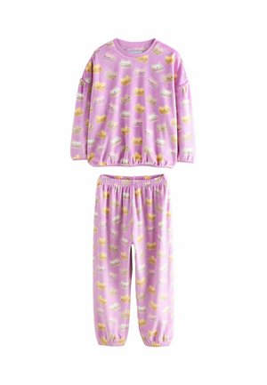 Purple pajama set featuring a long-sleeve top and elastic-waist pants. Both pieces have a pattern of colorful cat-themed desserts.