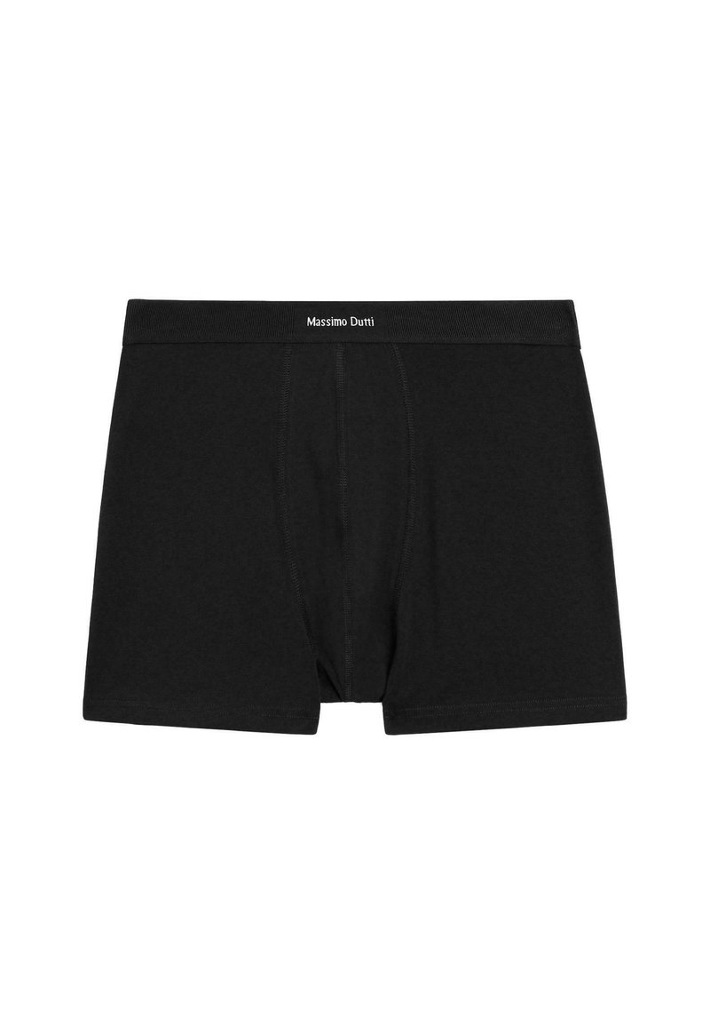 Black cotton boxer shorts featuring a soft waistband with "Massimo Dutti" printed in white. Designed with a front opening and smooth texture.