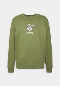 Felpa verde oliva in cotone, con design stampato di Bugs Bunny e testo "ICEBERG" sulla parte anteriore. Collo rotondo e polsini a coste.