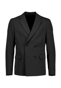 Blazer nero doppiopetto con rever a incavo, due tasche frontali e due bottoni. Realizzato in tessuto liscio con vestibilità sartoriale.