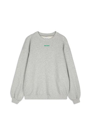 Gray sweatshirt made of soft cotton. Features a round neckline, long sleeves, and elastic cuffs. Includes green embroidered text on the chest.